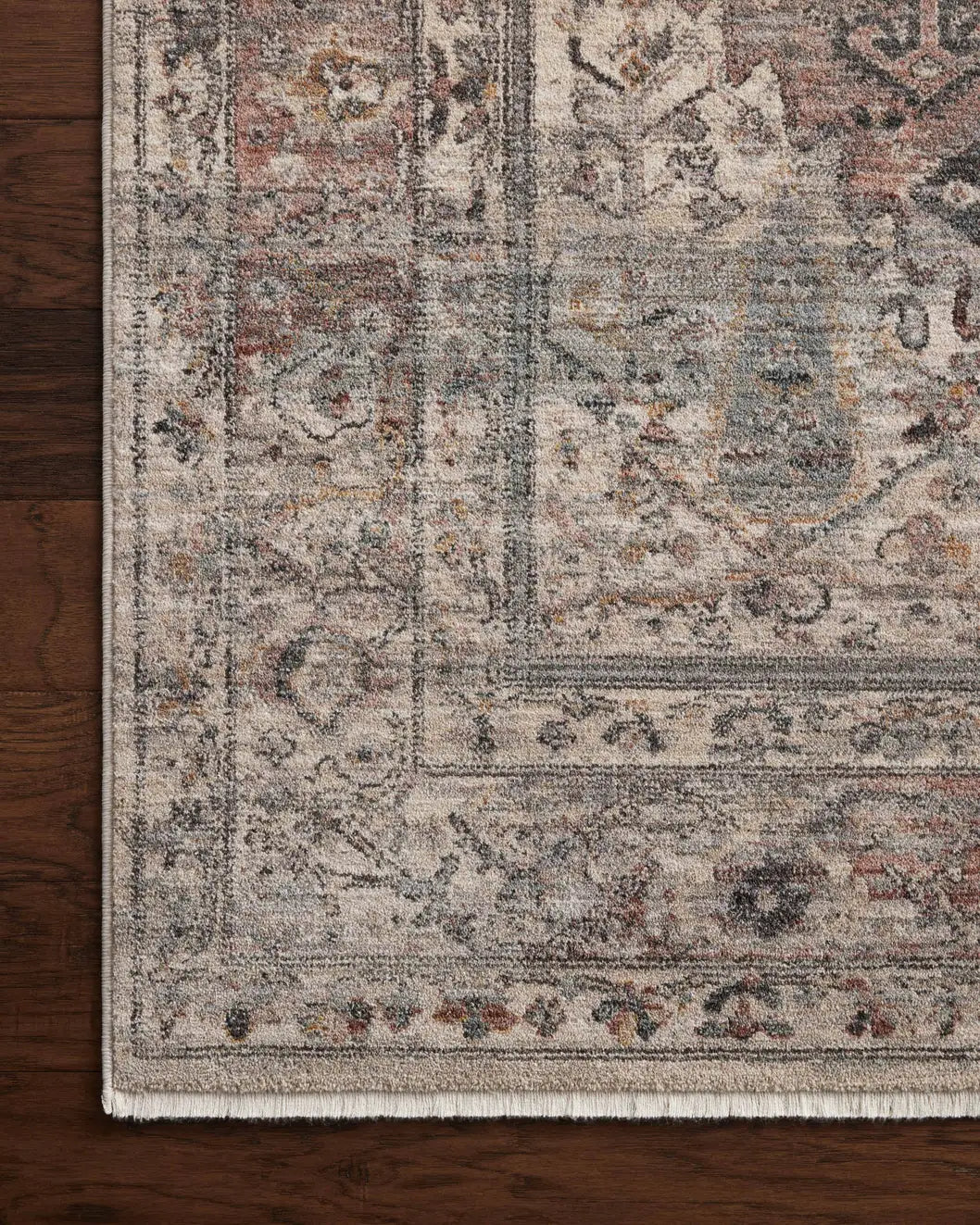 Loloi Lyra Lyr-05 Sunset/Silver Rug - corner on wood
