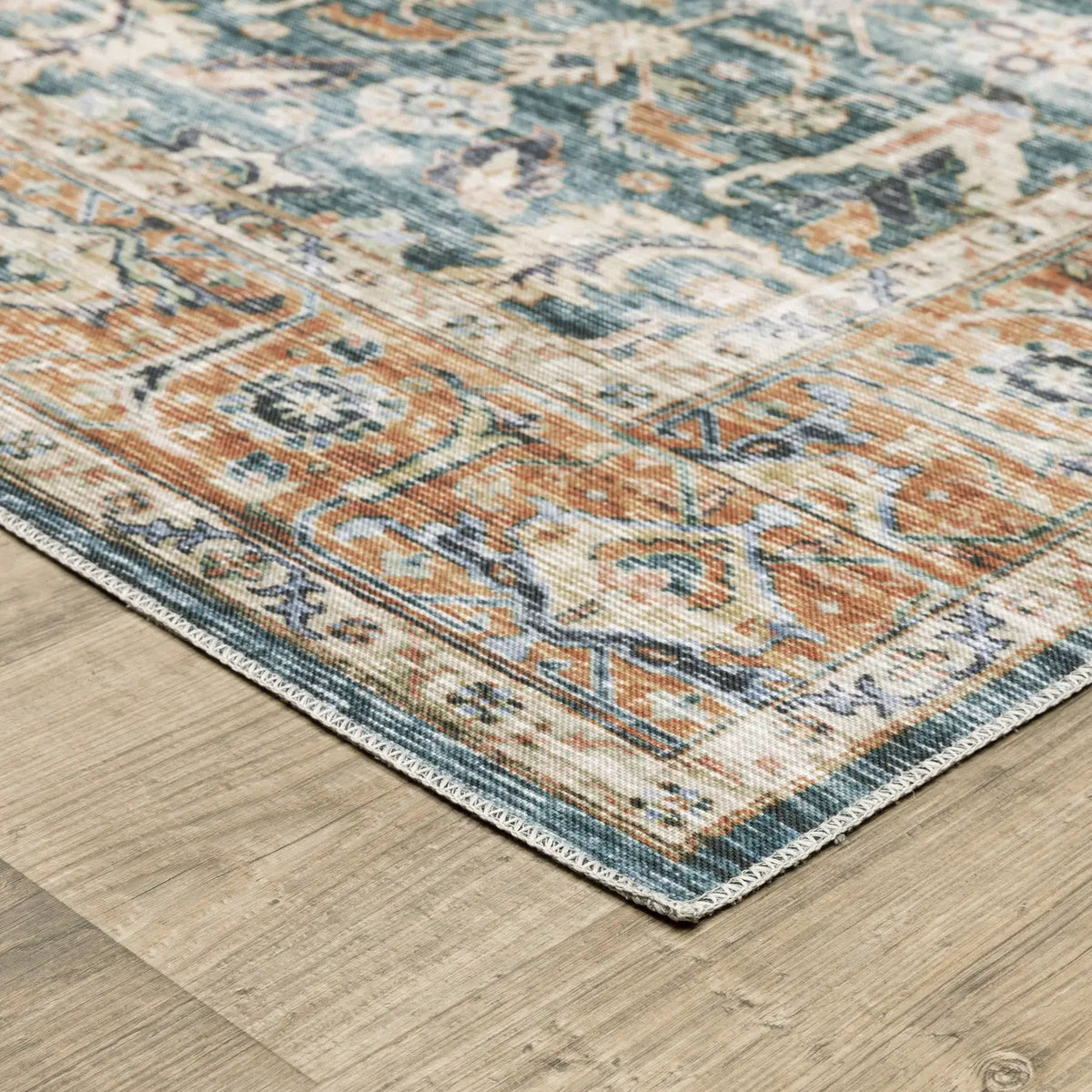 Oriental Weavers Machine Washable Charleston Cha06 Blue/ Rust Rug - corner detail