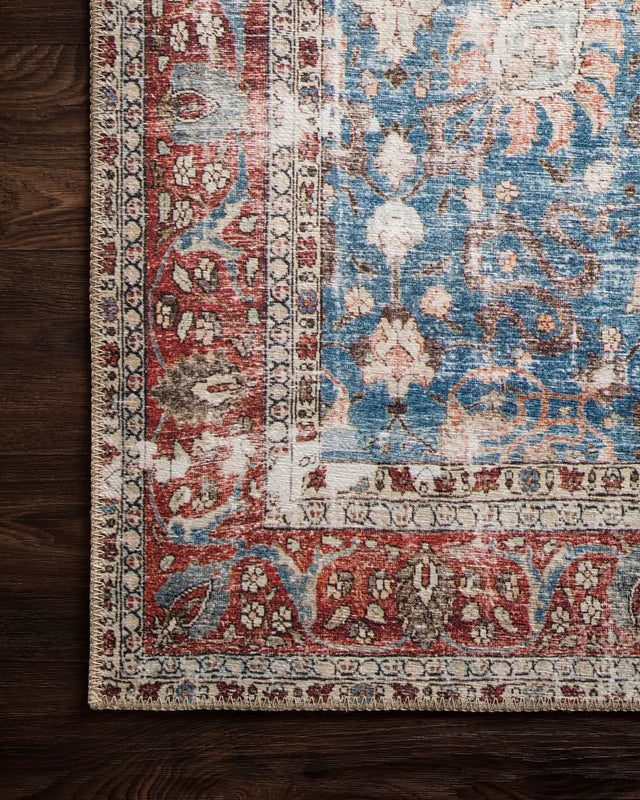 Loloi Loren Lq-01 Blue / Brick Rugs - corner on wood