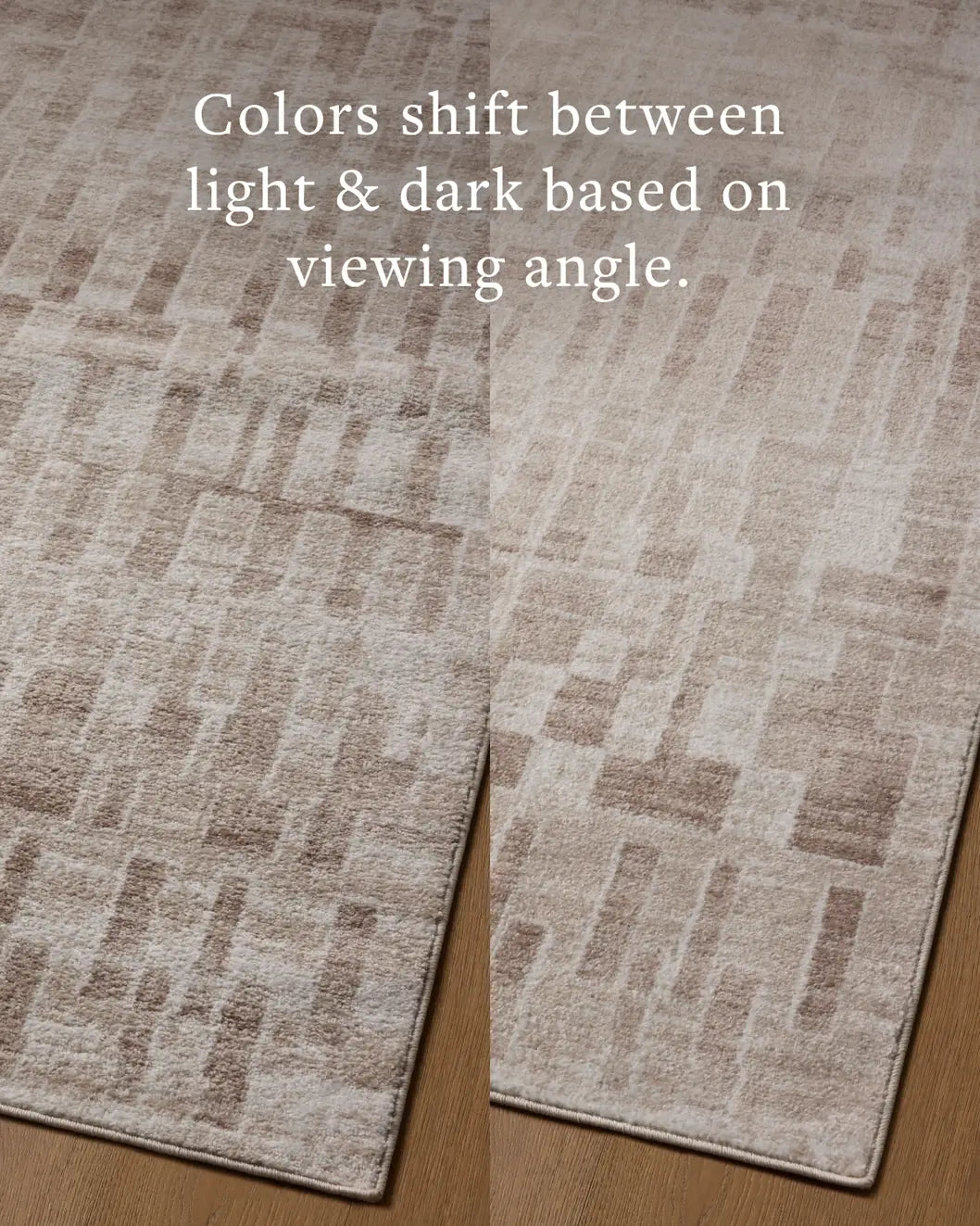 Loloi Lune LUN-02 Ivory / Mushroom Rug - angled corner on wood