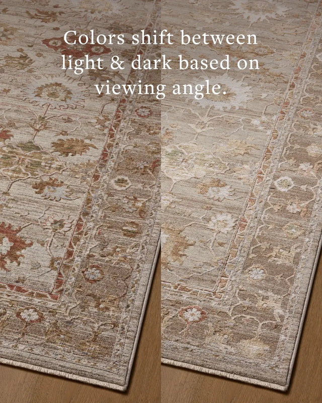 Loloi Aylin AYL-04 Pebble / Sunrise Rug - angled corner on wood