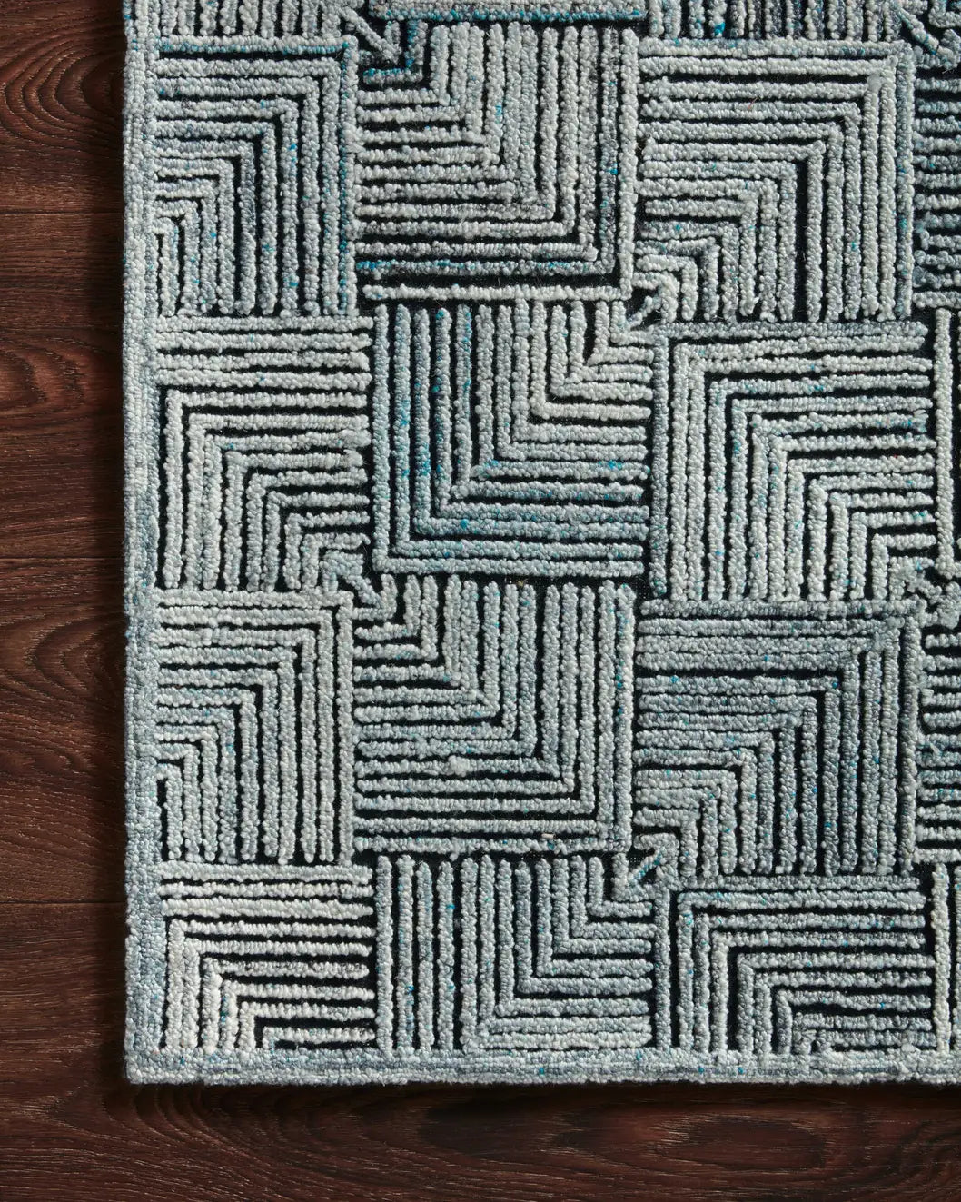 Loloi Prescott Pre-03 Arctic Blue Rugs - corner on wood