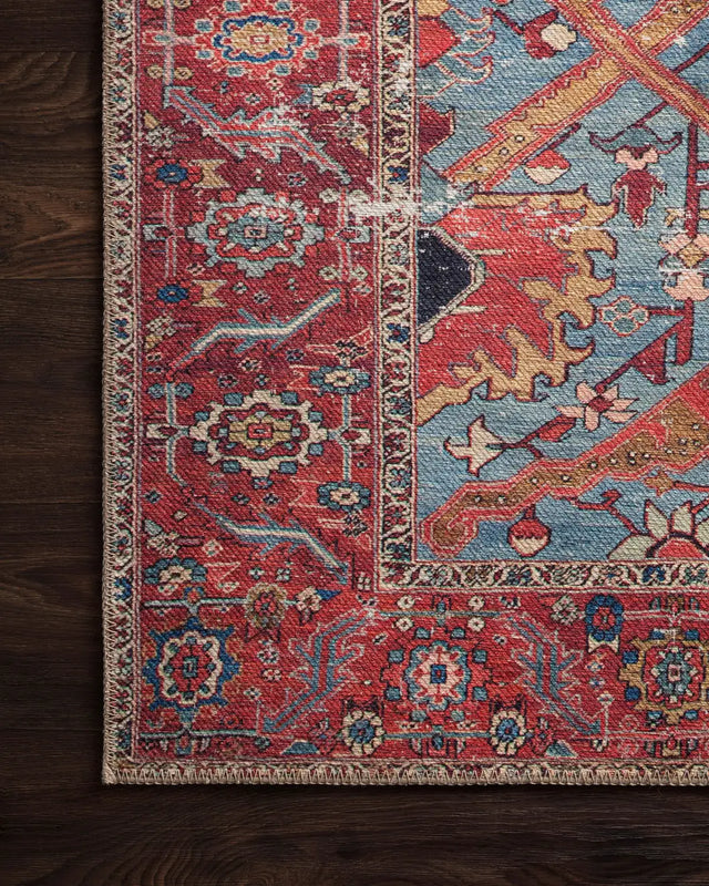 Loloi Loren Lq-10 Blue / Red Rugs - corner on wood
