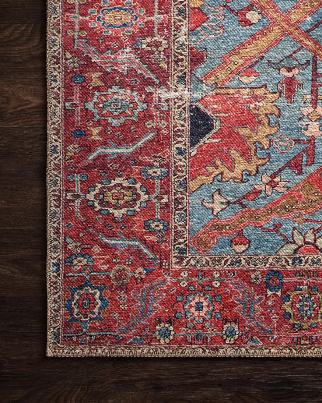 Loloi Loren Lq-10 Blue / Red Rugs - corner on wood