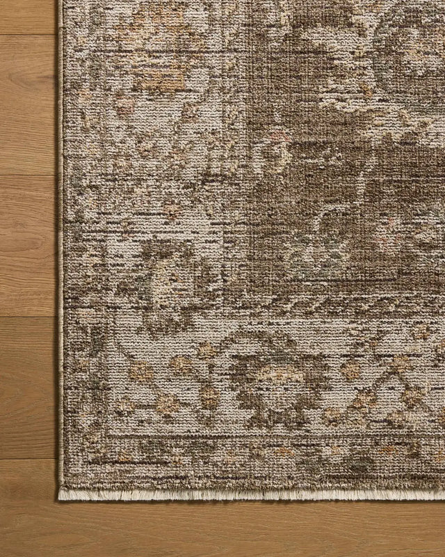 Loloi Priscilla PRL-01 Bark / Ivory Rug - corner on wood