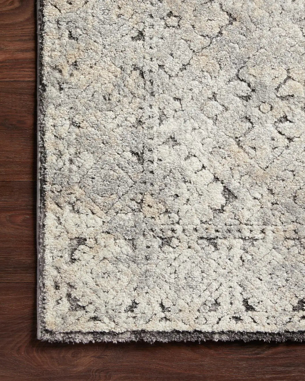 Loloi Theory Thy-05 Grey/Sand Rugs - corner on wood