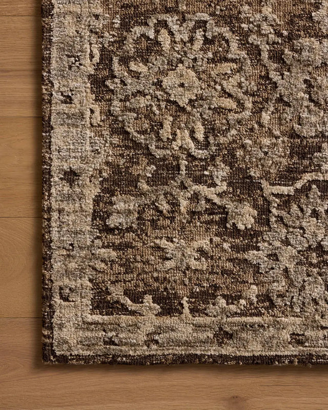 Loloi Percival PCV-02 Bark / Pebble Rug - corner on wood