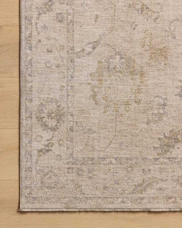 Chris Loves Julia x Loloi Louisa LOI-02 Oatmeal / Slate Rug - corner on wood