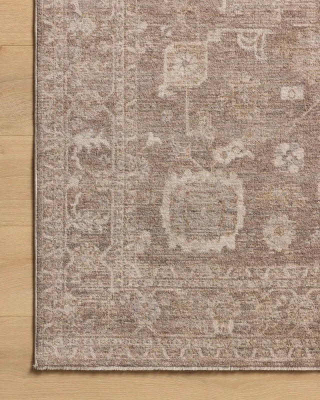 Chris Loves Julia x Loloi Louisa LOI-03 Taupe / Ivory Rug - corner on wood