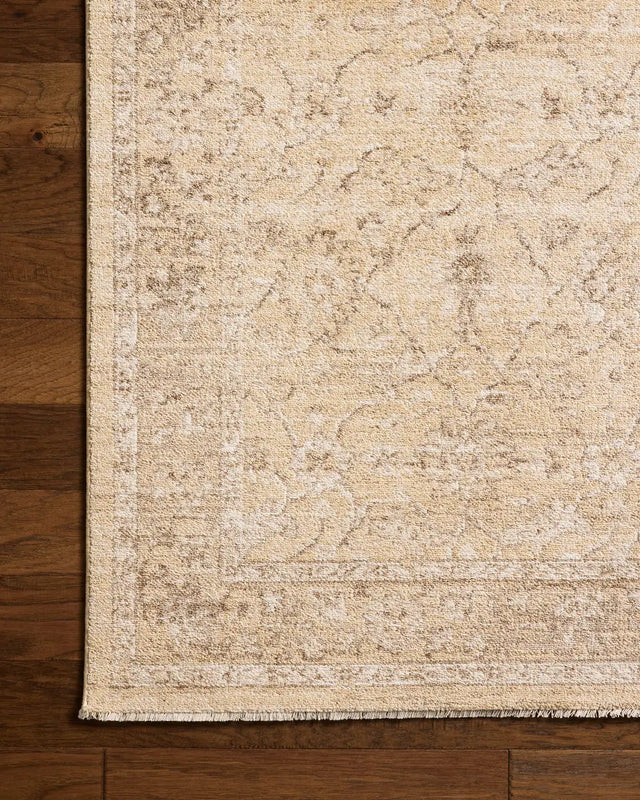 Chris Loves Julia x Loloi Palma PLM-10 Wheat / Bark Rug - corner on wood