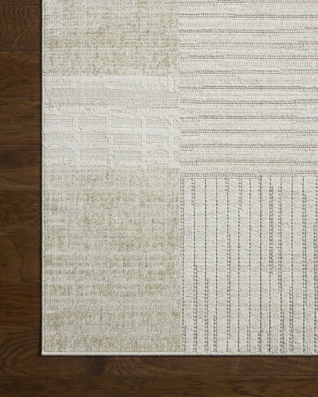 Loloi Roxie ROX-06 Contemporary Power Loomed Linen, Sage Rug - corner on wood