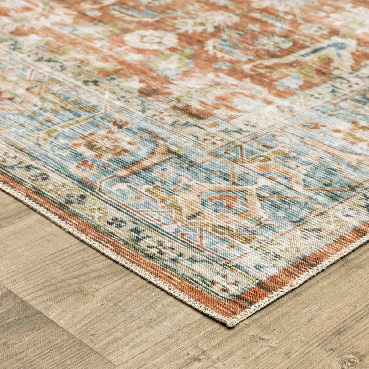 Oriental Weavers Machine Washable Charleston Cha04 Rust/ Blue Rug - corner detail