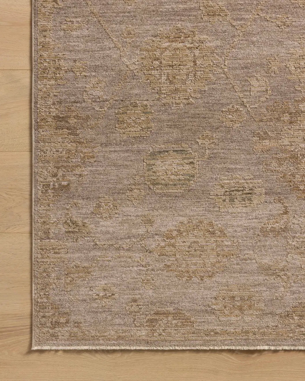 Loloi Willa WIA-10 Stone / Multi Power Loomed Rug - corner on wood