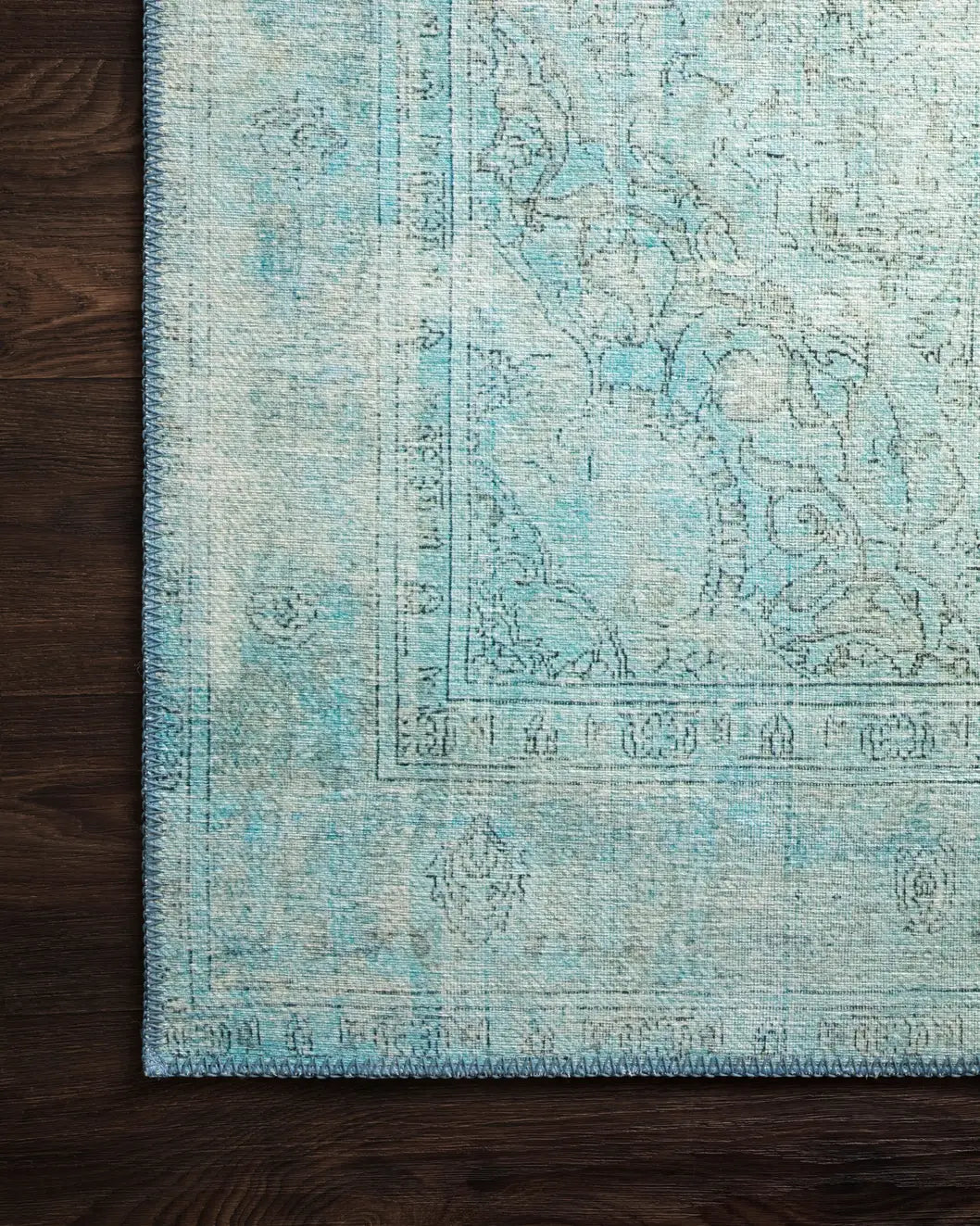 Loloi Loren Lq-08 Aqua Rugs - corner on wood