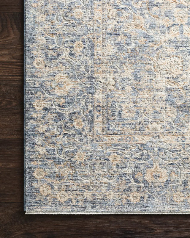 Loloi Pandora Pan-01 Blue / Gold Rugs - corner on wood
