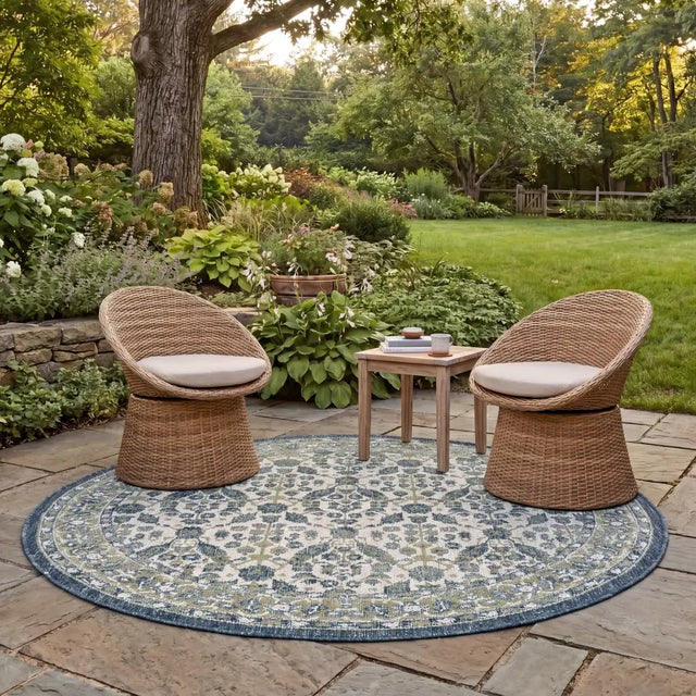 Safavieh Courtyard 6'-7" x 6'-7" Rug in Green Ivory / Navy Light Blue