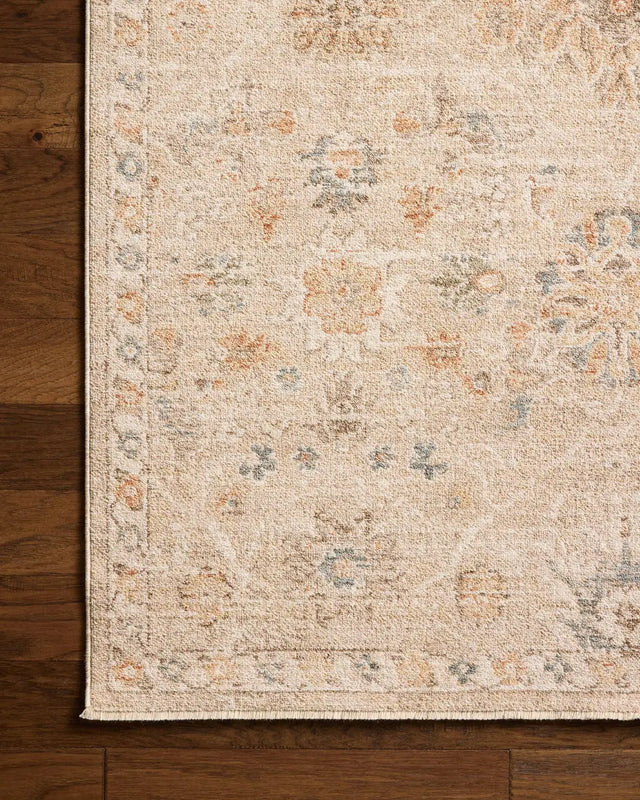 Chris Loves Julia x Loloi Palma PLM-11 Natural / Multi Rug - corner on wood