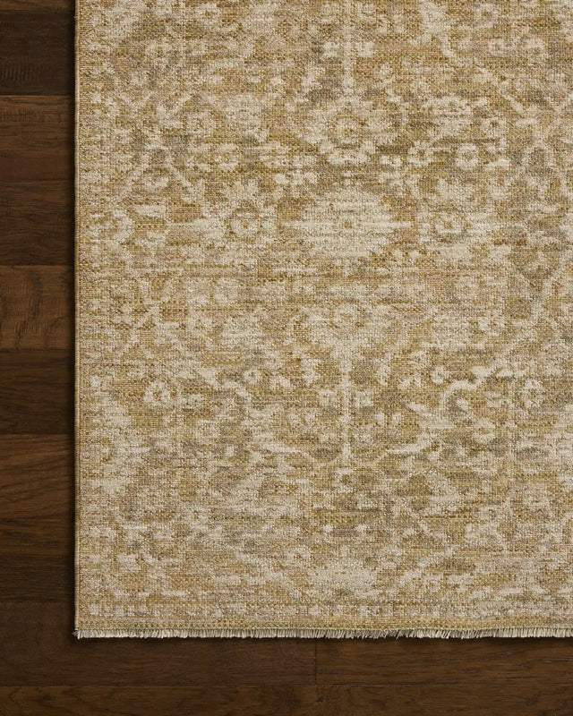 Loloi Elora ELR-06 Traditional Power Loomed Gold Natural Rug - corner on wood