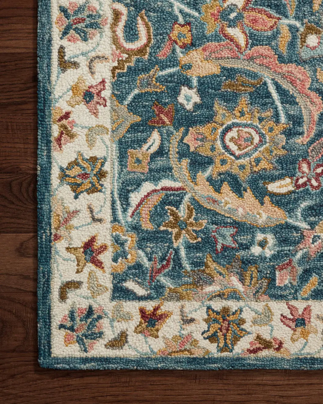 Loloi Victoria Vk-24 Ocean/Multi Rug - corner on wood