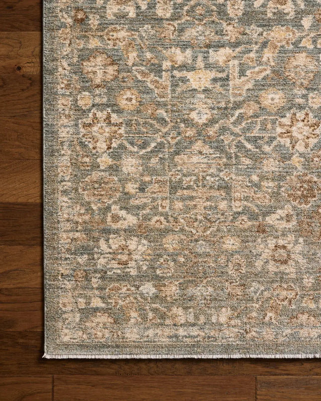 Chris Loves Julia x Loloi Palma PLM-05 Blue / Natural Rug - corner on wood