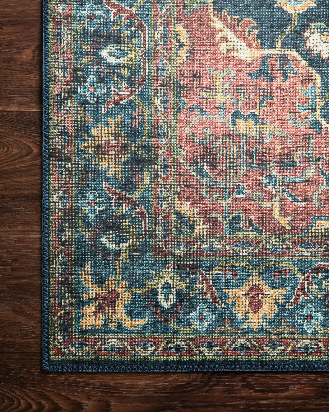Loloi Skye Sky-08 Denim/Brick Rugs - corner on wood