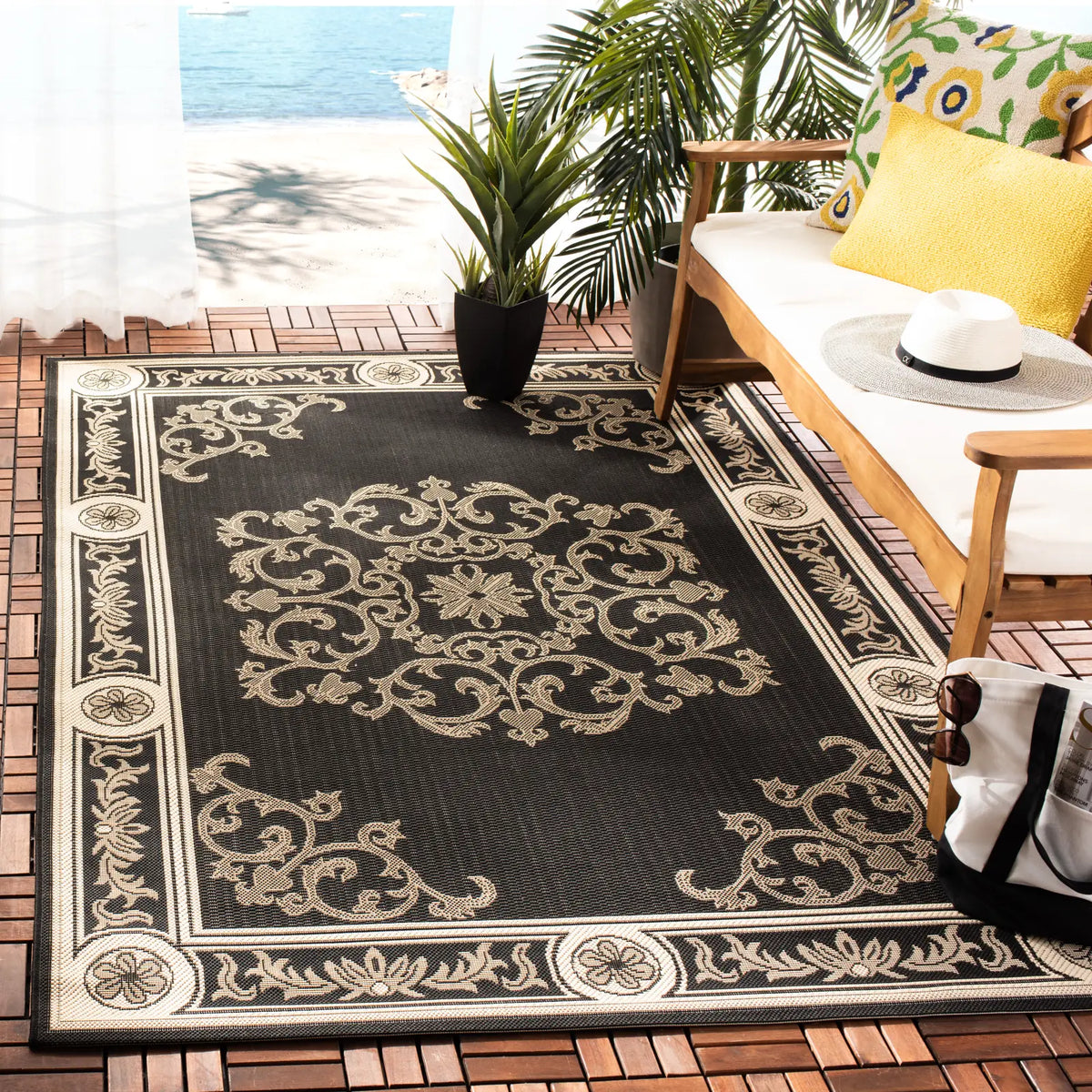 Safavieh Courtyard 4'-0" x 5'-7" Rug in Black / Sand