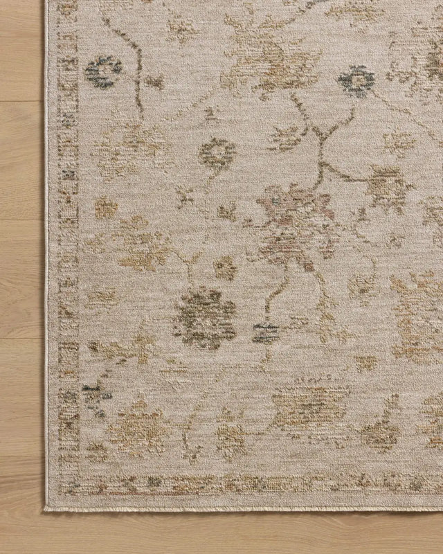 Loloi Willa WIA-11 Bone / Multi Power Loomed Rug - corner on wood