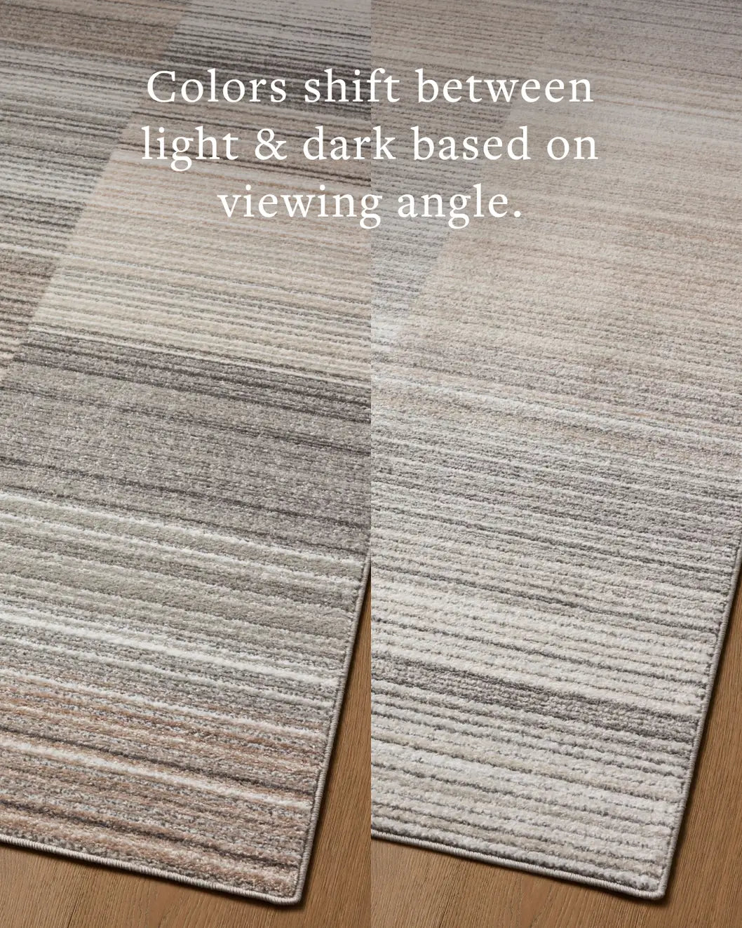 Loloi Lune LUN-03 Granite / Natural Rug - angled corner on wood