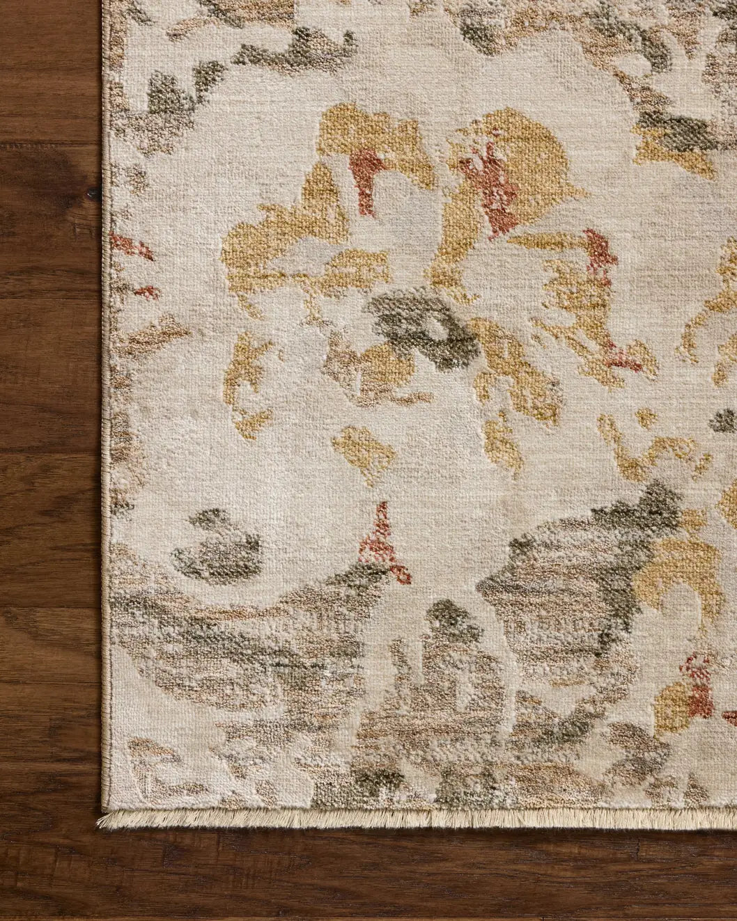 Loloi Eileen ELE-02 Transitional Power Loomed Mist, Sunset Rug - corner on wood