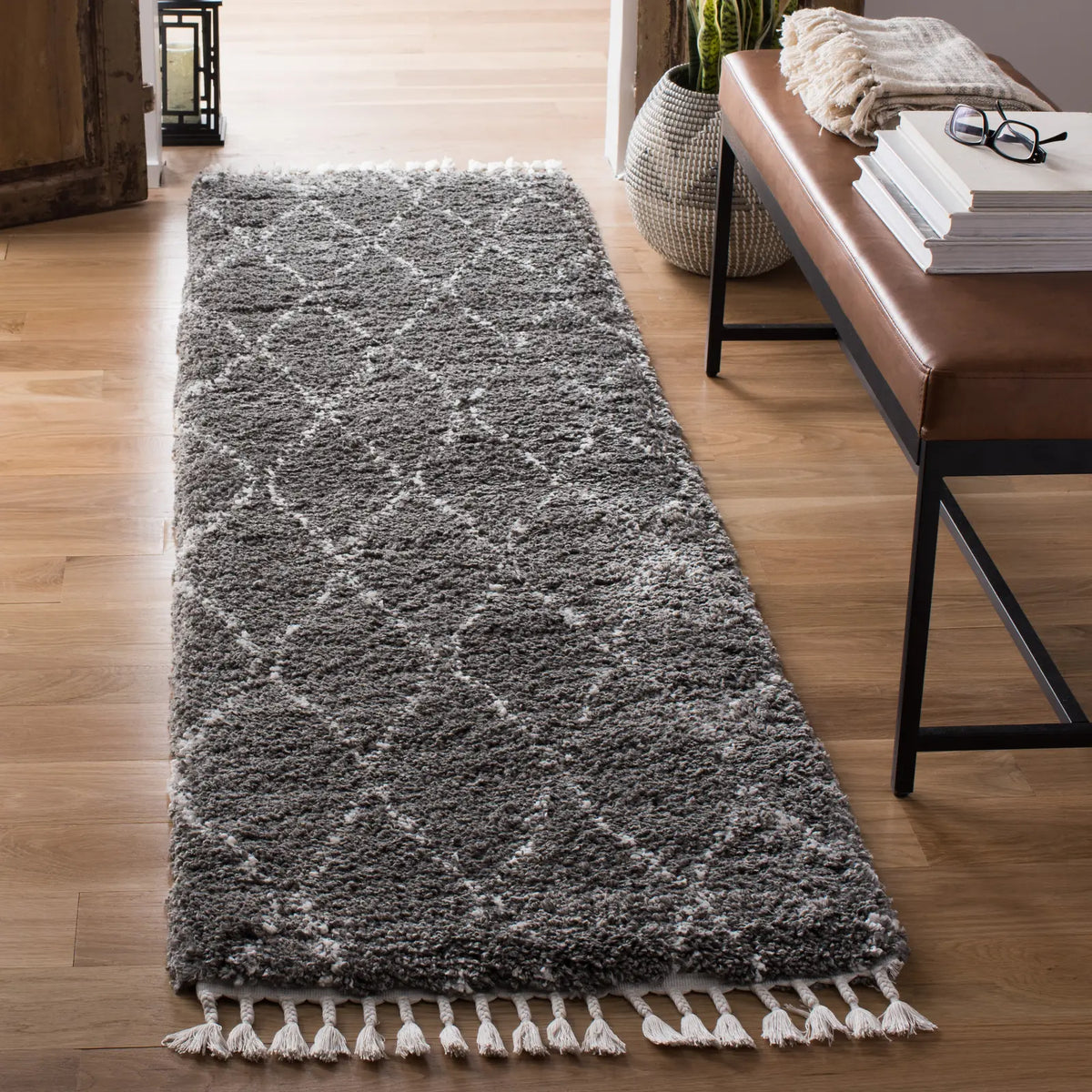 Safavieh Moroccan Fringe Shag 2'-2" x 8'-0" Rug in Grey / Ivory