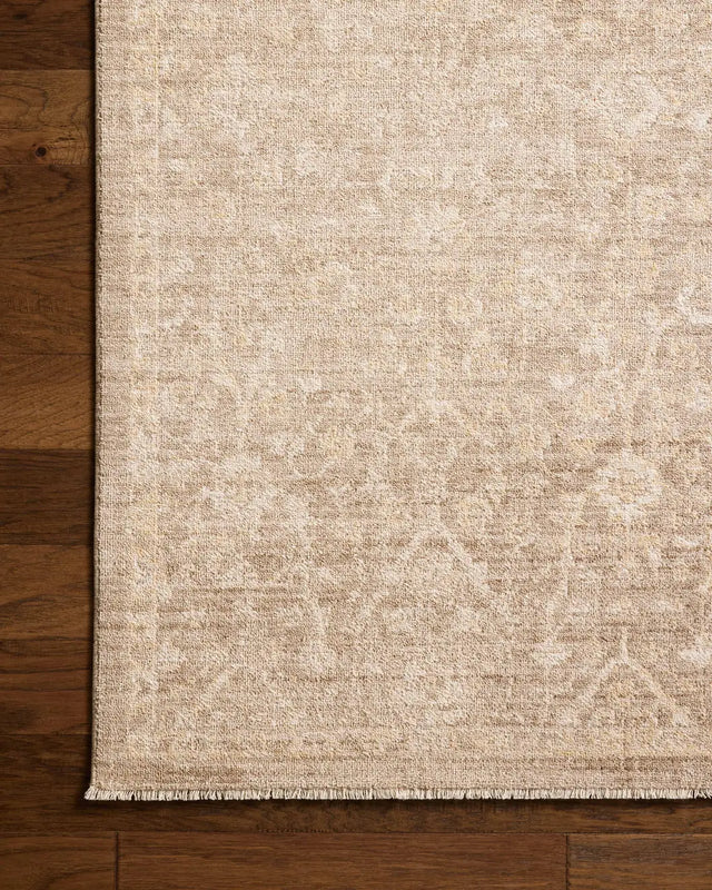 Chris Loves Julia x Loloi Palma PLM-01 Bark / Natural Rug - corner on wood