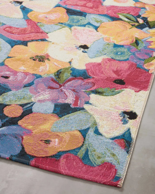 Loloi Botanical Bot-02 Navy/Multi Rug - angled corner on wood