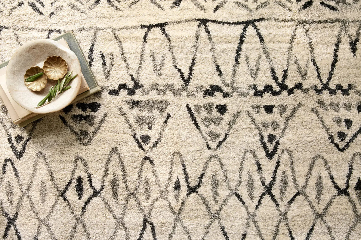 Loloi Emory EB-09 Heather Gray / Black Rug - styled aerial 1