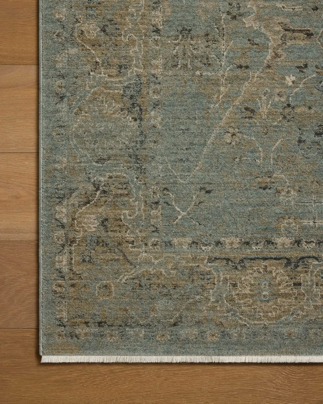Loloi Briar BRR-02 Aqua / Olive Rug - corner on wood