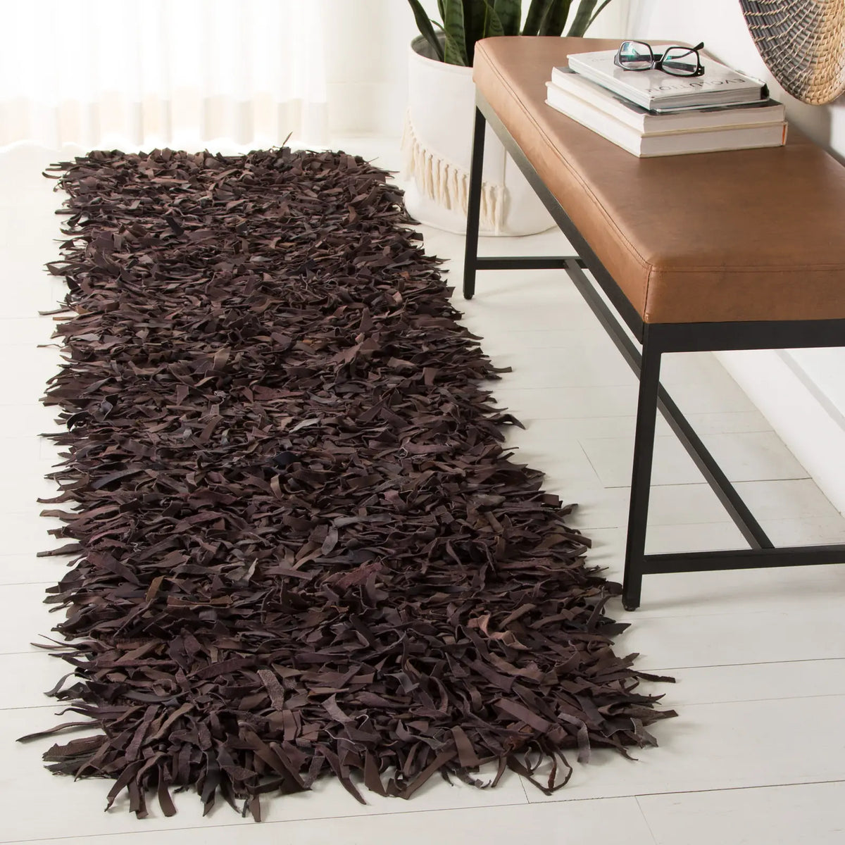 Safavieh Leather Shag 2'-0" x 8'-0" Rug in Dark Brown