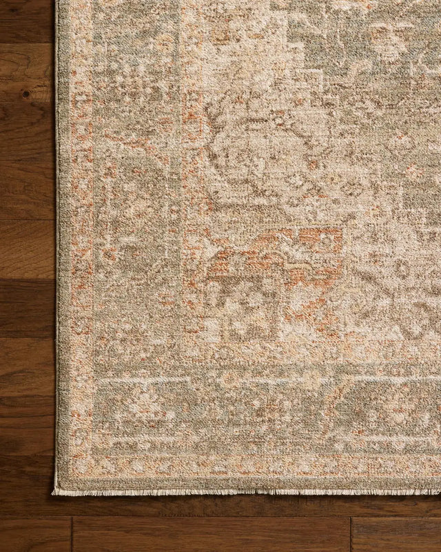 Chris Loves Julia x Loloi Palma PLM-08 Olive / Spice Rug - corner on wood