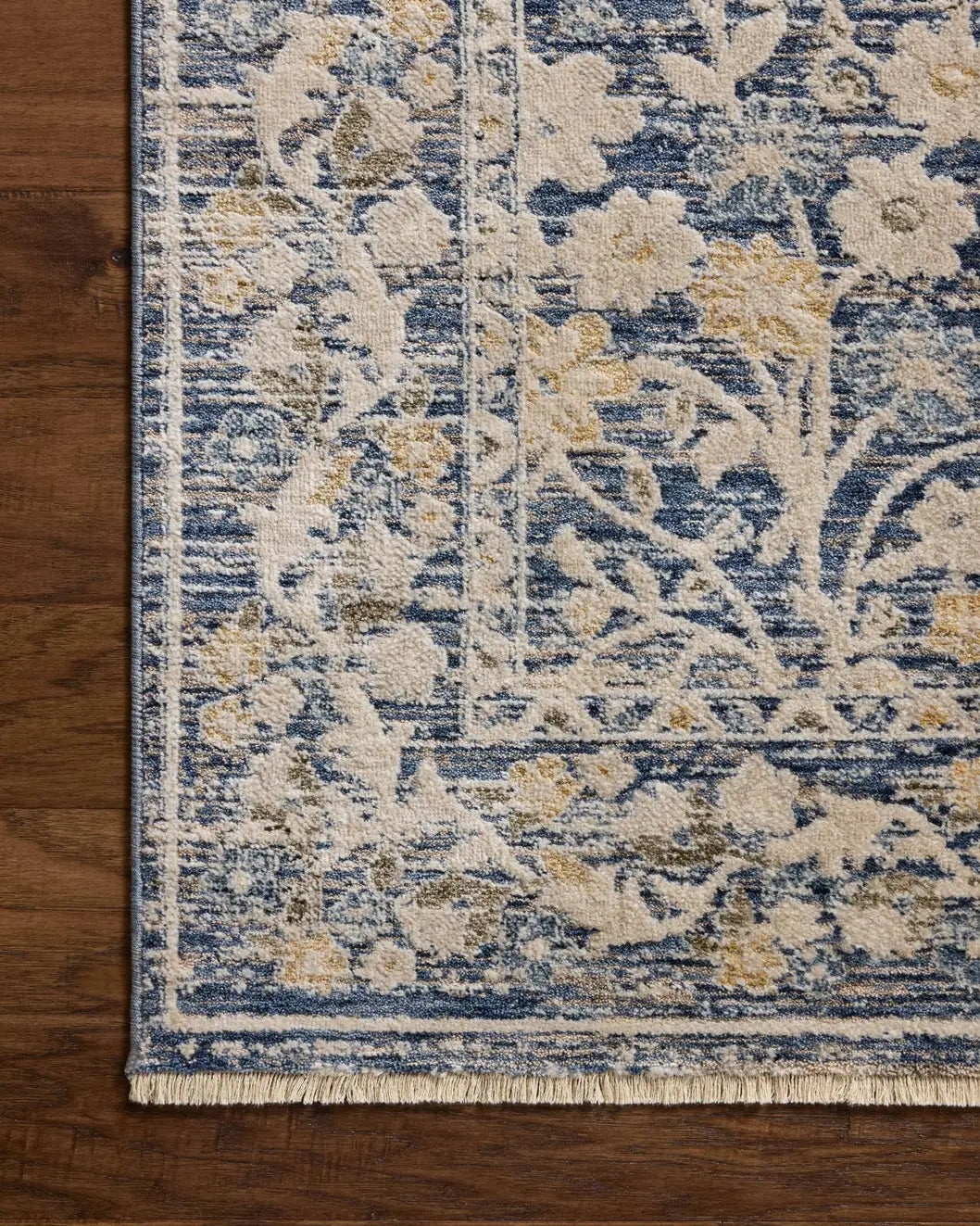 Loloi Clarisse CLS-05 Traditional Power Loomed Blue, Beige Rug - corner on wood