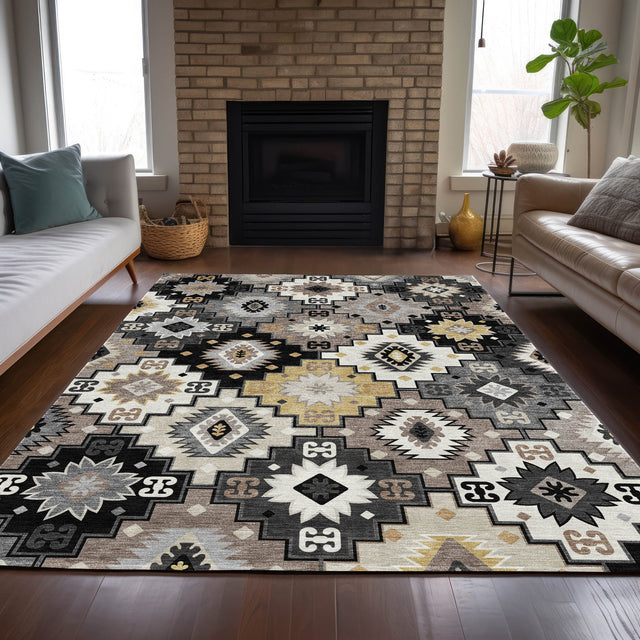 Addison Chantille ACN2123 Ethnic Machine Made Transitional Black Rug