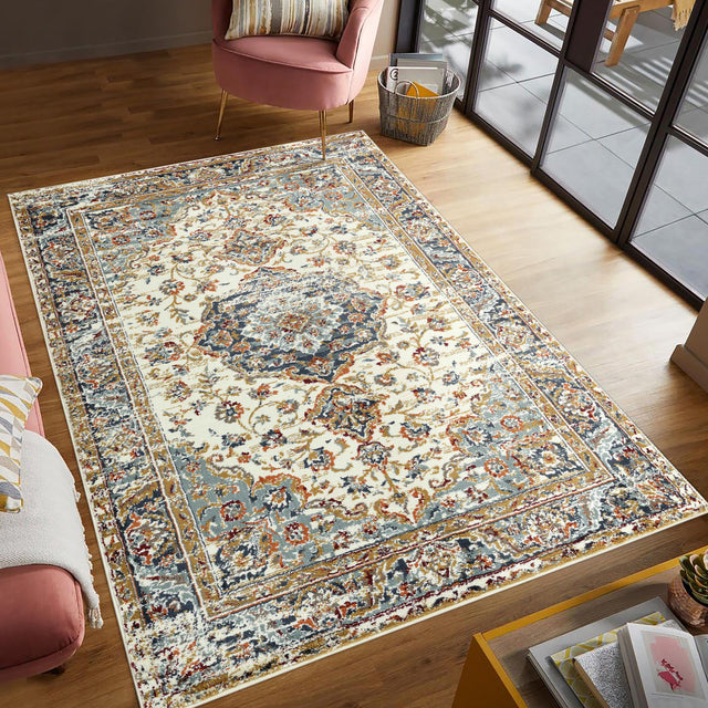 Amer Allure Classic Medallion Power-Loom Ivory/Navy Blue Area Rug