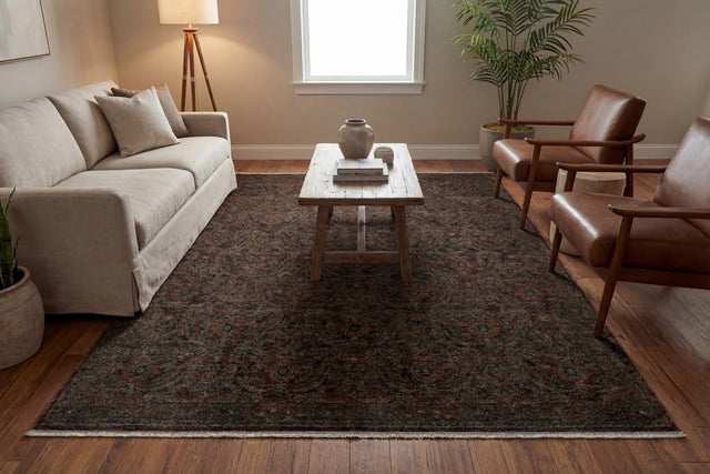 Rectangular traditional area rug with dark red and multicolor medallion pattern