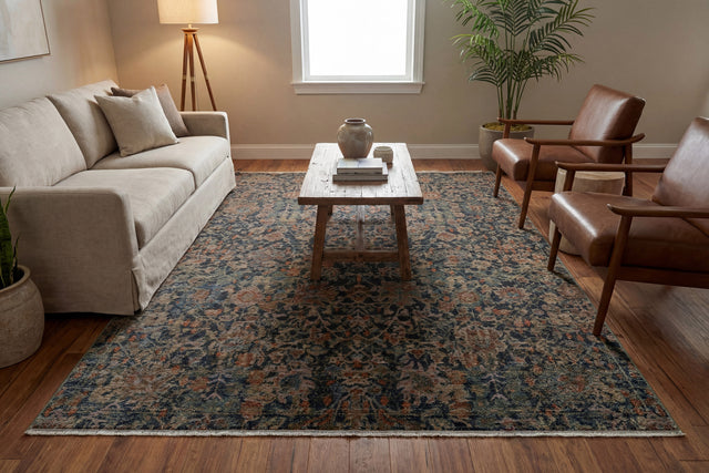Rectangle traditional rug with navy and multicolor ornate pattern, power-loomed
