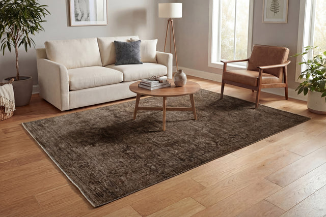 Traditional brown area rug with distressed pattern, rectangular