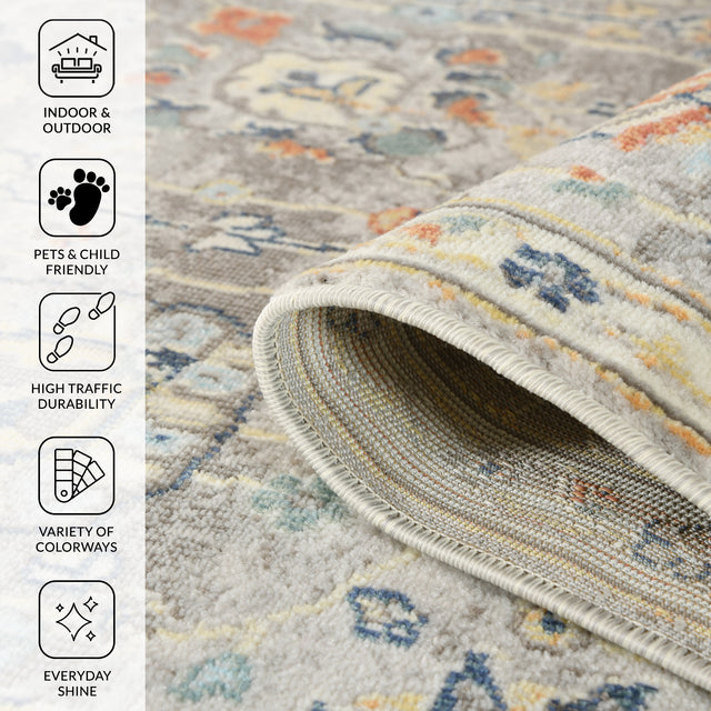 Amer Bohemian Classic Floral Indoor-Outdoor Gray Area Rug