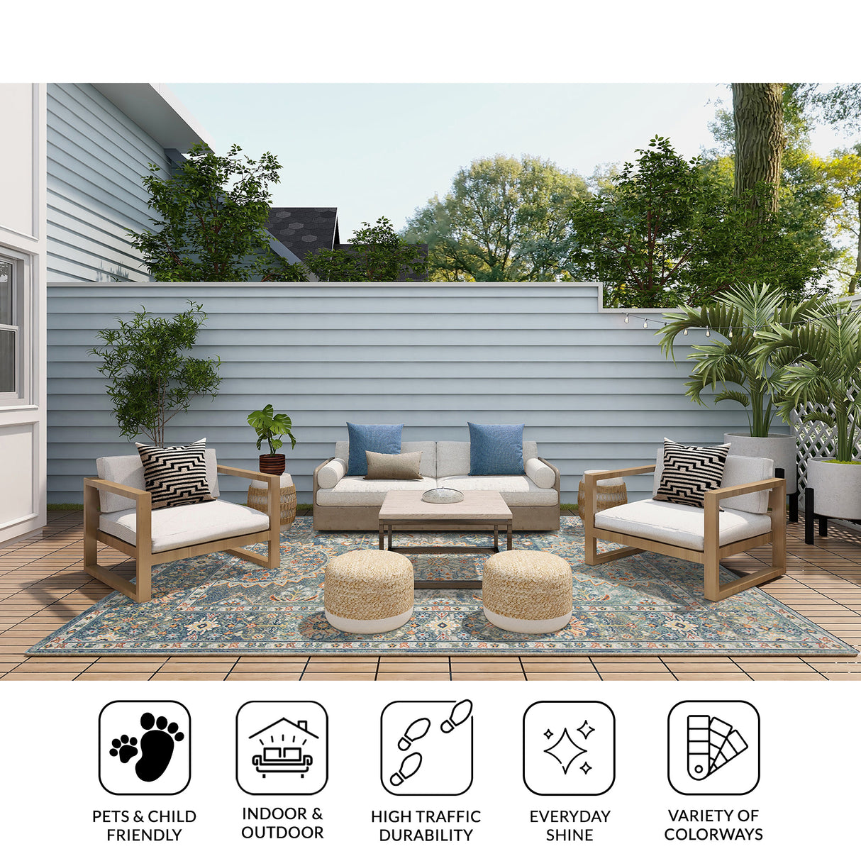 Amer Bohemian Transitional Bordered Indoor-Outdoor Blue Area Rug