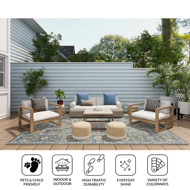 Amer Bohemian Transitional Bordered Indoor-Outdoor Blue Area Rug