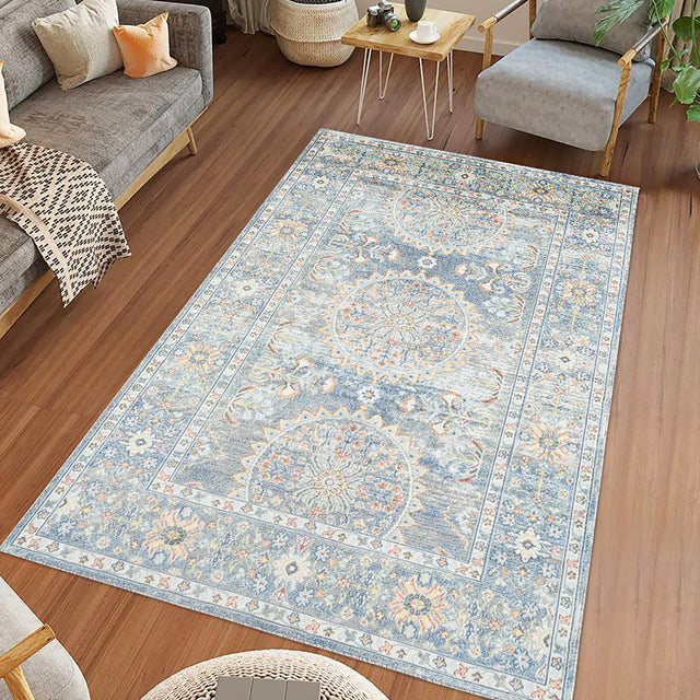 Amer Bohemian Transitional Bordered Indoor-Outdoor Blue Area Rug