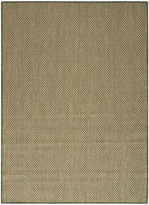 Green rectangle rug centered in frame, featuring repeating diamond lattice pattern