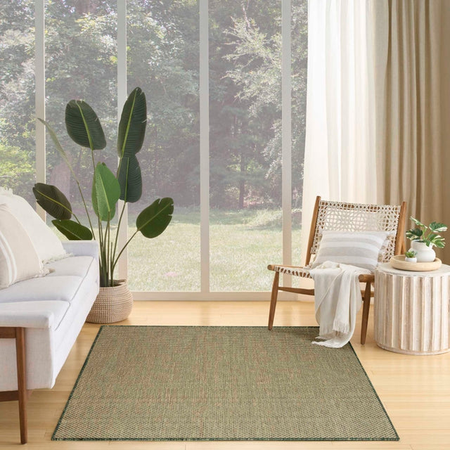 Green square/rectangular rug with tight diamond lattice pattern in a living space