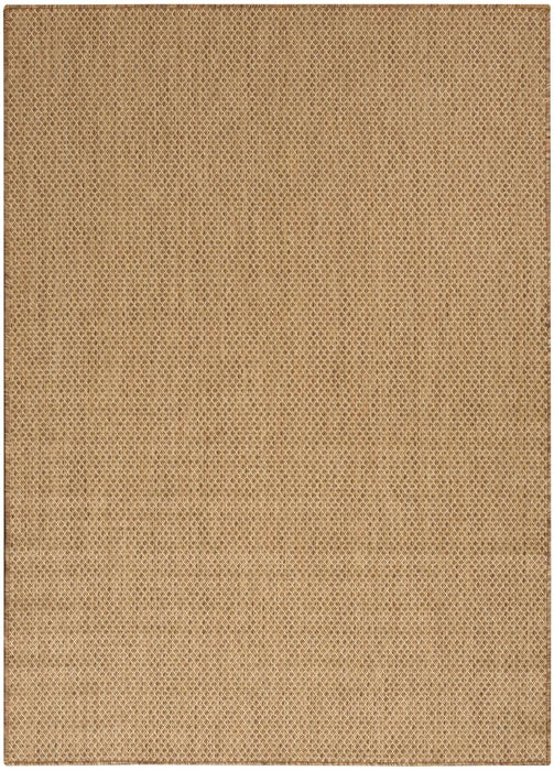 Tan jute rug with repeating diamond weave pattern and border