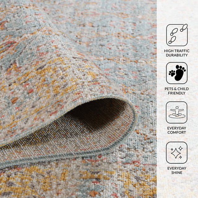 Amer Eternal Farmhouse Bordered Power-Loom Teal/Gold Area Rug